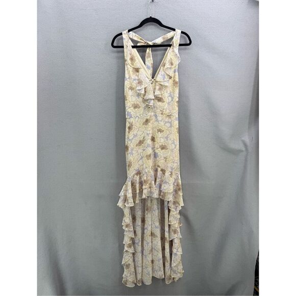 Belle Bagley Mischka Womens Cream Lilac Floral Halter Hi-Low Maxi Dress Size 6 - Picture 3 of 14